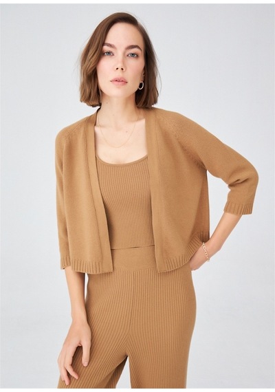 Peraluna Kısa Kaşmir Karışım Kadın Triko Bolero Camel Melanj Camel