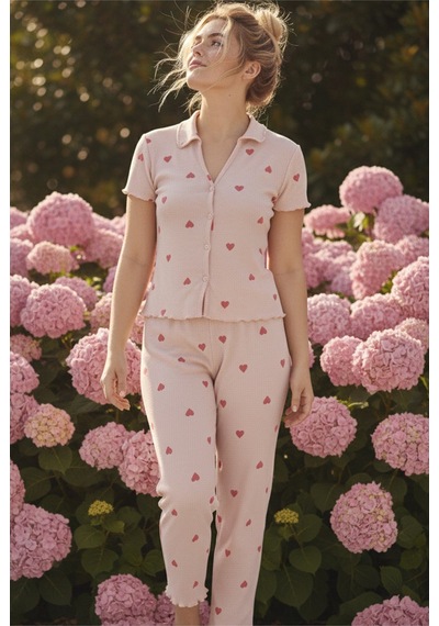 Siyah İnci Yakalı Düğmeli Fitilli Kaşkorse Örme Pijama Takım 26120501 Somon