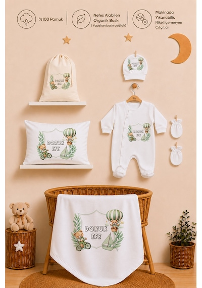 Pia Baby İsme Özel Erkek Bebek %100 Pamuk Hastane Çıkışı Tulum Şapka Eldiven Kıyafet Keseli Hediye Seti 1042tybk0x Krem