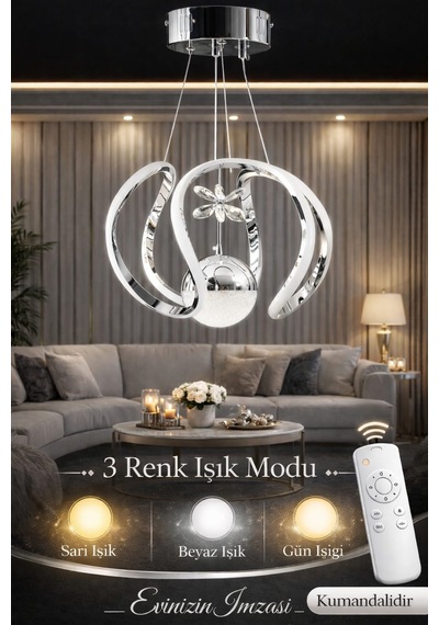 Riko Tek Toplu Led Avize 3 Renk Led Isıklı Kumandalı Modern Avize Salon Avize Krom