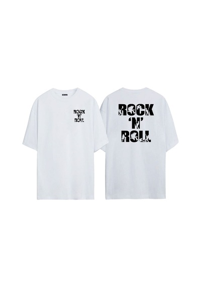 Thewert Unisex Rock'n Roll Rock Müziği Silhouette Sanat Ön Arka Baskılı Beyaz Oversize T-shirt