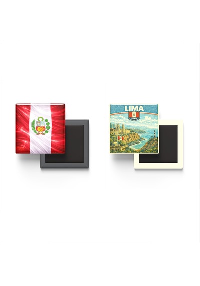 9x9 Cm Buzdolap Magnetleri - Peru Bayrağı Ve Retro Tema - 2'li Set Magneti