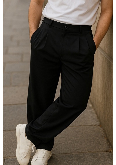 Cedy Denim Yüksek Kalite Erkek Yüksek Bel Pileli Baggy Chino Pantolon C358 Siyah