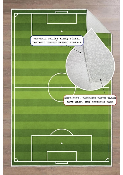 Futbol Sahası Desenli Yıkanabilir Kaymaz Taban Çocuk Oyun Halısı Yeşil