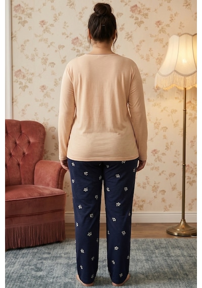 Siyah İnci Desenli Nakışlı Büyük Beden Battal Boy Viskon Örme Pijama Takım 26224834 Ten