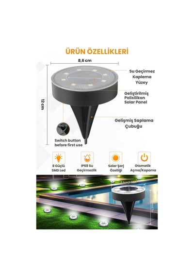 Technojet 8 Led Li Solar Bahçe Lambası 1 Adet Su Geçirmez Otomatik Sensörlü Bahçe Aydınlatma Beyaz