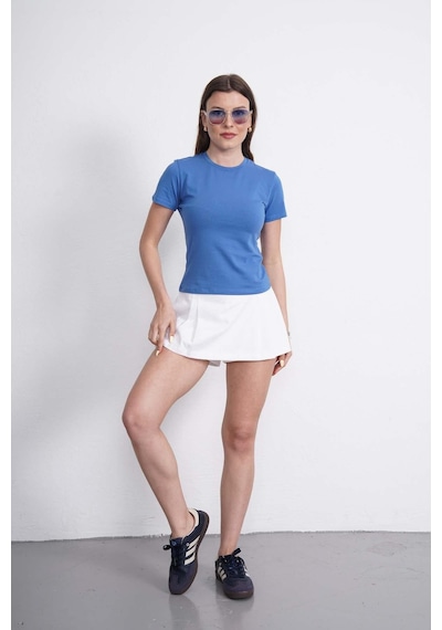 Crop Slim Fit Pamuk Likra Tişört-koyu Mavi Koyu Mavi