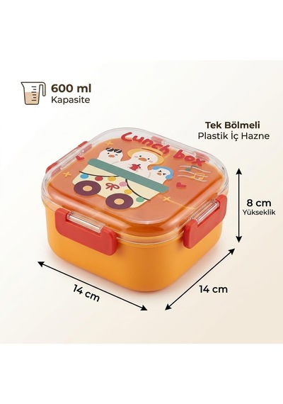 600 Ml Yemek Kabı, 4 Bölmeli Kilitli Lunch Box, Kaşık Dahil Renkli Desenli Saklama Ve Taşıma Kabı, 14x14x8 Cm Çok Renkli