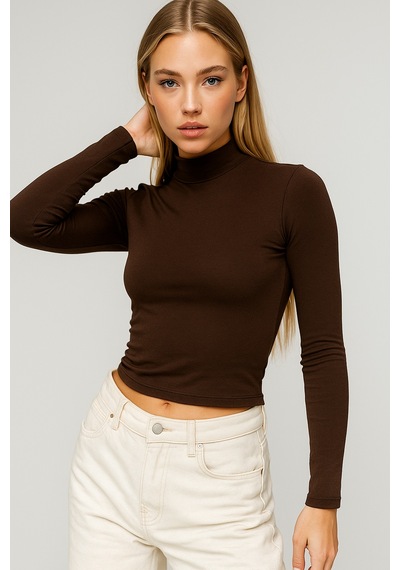 Rich Kadın Kahverengi Yarım Balıkçı Yaka Uzun Kollu Crop Bluz Kahverengi