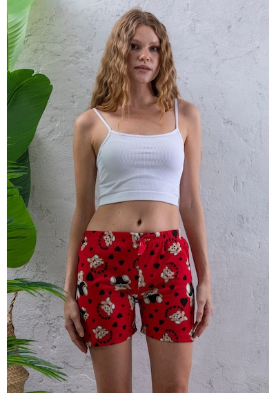 Giysa Kadın Beli Lastikli Desenli Şort Pijama Altı Kırmızı - 2027 Kırmızı