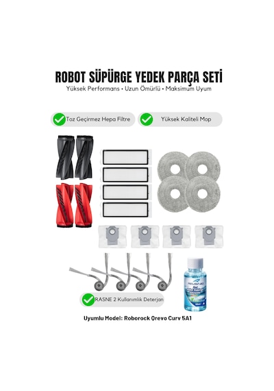 Roborock Qrevo Curv 5a1 İle Uyumlu 2 Ana Fırça 4 Yan Fırça 4 Filtre 4 Mop 1 Deterjan 4 Toz Torbası 8.0