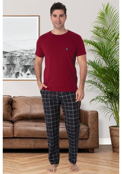 Mecit Pijama Mecit 2906 Bordo Ekoseli Erkek Büyük Beden Pijama Takımı Bordo