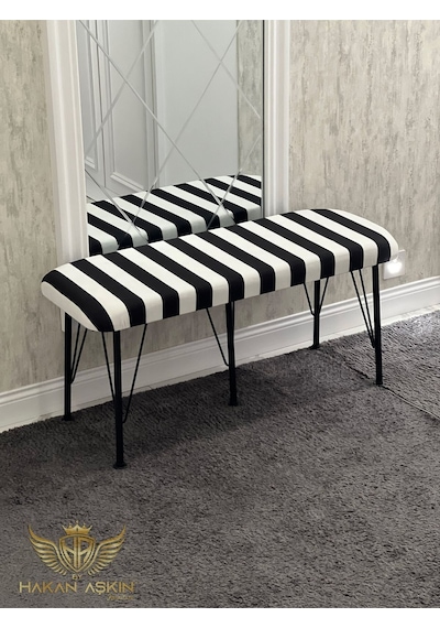 By Hakan Aşkın Siyah Metal Ayaklı Puf & Bench Zebra Siyah Beyaz