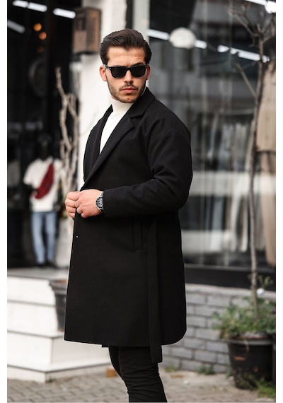 Mero Life Erkek Siyah Kemerli Oversize Rahat Kesim Kaşe Kaban Siyah