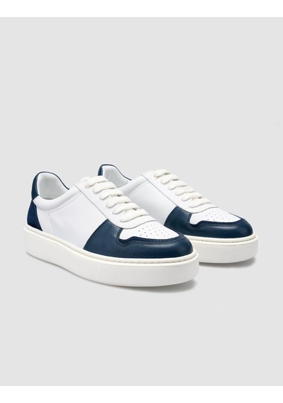 Cabani %100 Hakiki Deri Beyaz - Mavi Bağcıklı Erkek Sneaker Beyaz
