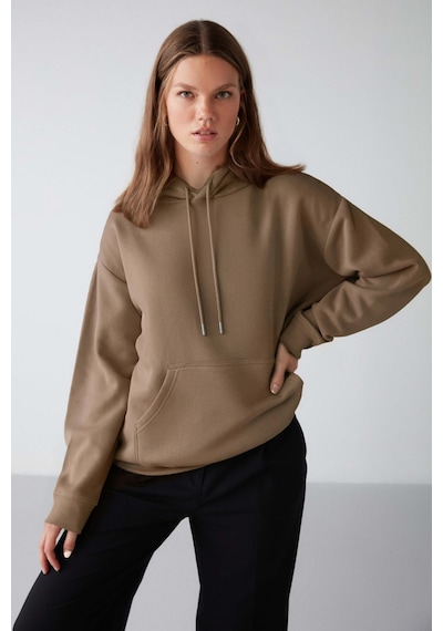 Grımelange Adel Kadın Organik Pamuklu Içi Polarlı Yumuşacık Relaxed  Kanguru Cepli Kapüşonlu Vizon Sweatshirt