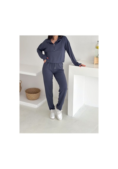 Gugus Kadın Yarım Fermuarlı Model Beli Lastikli Dar Paça Eşofman Takımı Füme