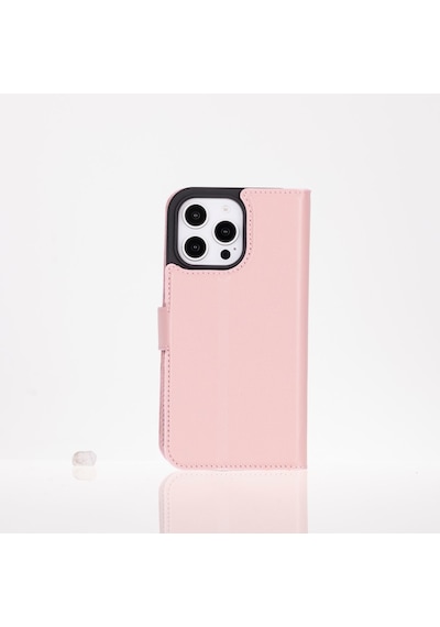 Apple Uyumlu iPhone 16 Pro , Hakiki Deri, El Yapımı, Cüzdanlı Kılıf, Toz Pembe Siyah