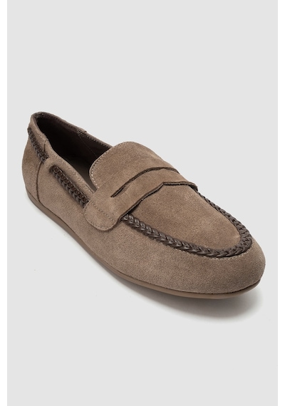 Luvi Shoes Francıs Koyu Bej Süet Hakiki Deri Örgü Detaylı Kadın Loafer Ayakkabı