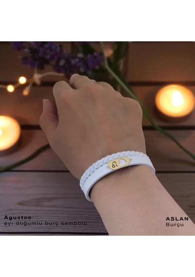 Archin Ağustos Ayı Doğumlarına 14 Ayar Altın Plakalı Doğal Beyaz Derili Kalp Figürlü Hediye Bileklik-561ay Ağustos