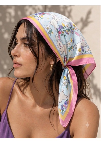 Trend Dokunuş Kadın 50-50 Saten Bahar Renkli Fular Bandana Sarı - Pembe