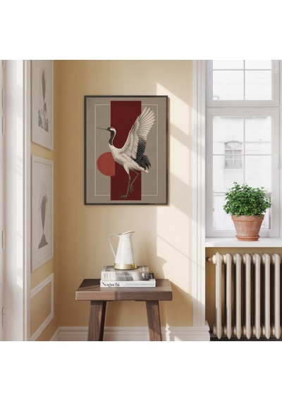 Japon Turnası Sanat Baskısı Kırmızı Ve Beyaz Asya Dekoru Minimalist Vahşi Yaşam Posteri