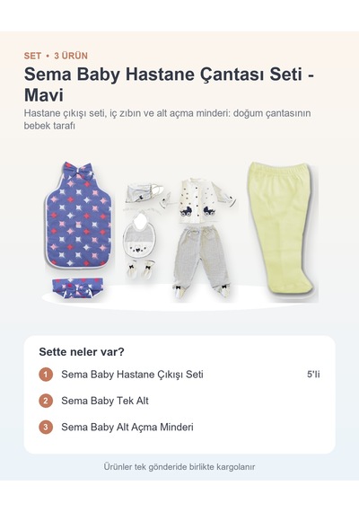 Sema Baby Hastane Çantası Seti 3 Parça: Hastane Çıkışı Seti + Tek Alt + Alt Açma Minderi - Mavi
