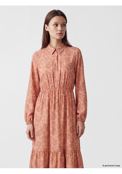 Lcw Modest Pembe Gömlek Yaka Desenli Belden Oturtma Kadın Elbise