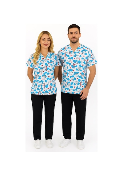 Unisex Beyaz Diş Desenli Diş Hekimi, Diş Doktoru, Diş Teknisyeni Scrubs Üniforma Takım Beyaz - Siyah