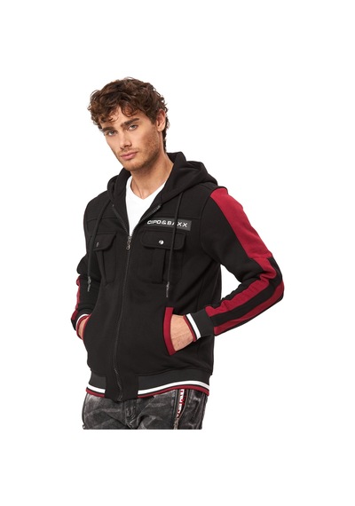 Cipo & Baxx Erkek Kapüşonlu Fermuarlı Şerit Detaylı Cepli Sweatshirt Ceket Cl586 Siyah
