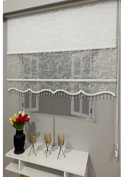 İncilifehome İcl4003b Çift Mekanizmalı Dal Desenli Tül Ve Stor Perde Kırık Beyaz Boncuklu Kırık Beyaz