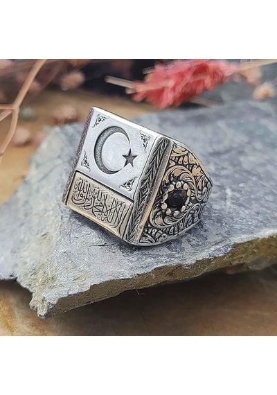 925 Ayar Gümüş Ayyıldız Kelime-i Tevhid Model Kalem İşlemeli Erkek Yüzük Gümüş