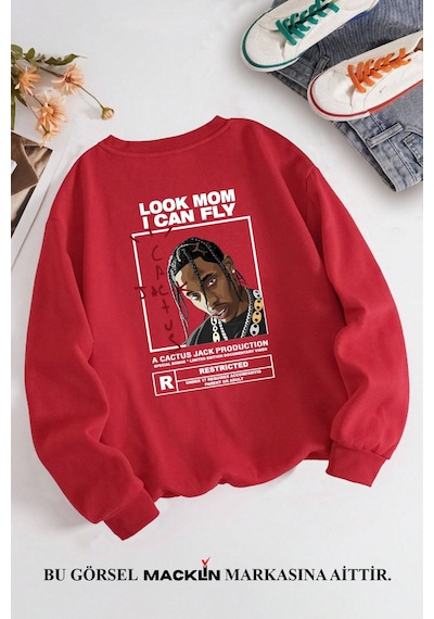 Macklin Unisex Kadın Erkek Travis Scott Cactus Jack Özel Tasarım Baskılı Bisiklet Yaka Sweatshirt Kırmızı Mck1299 Kırmızı