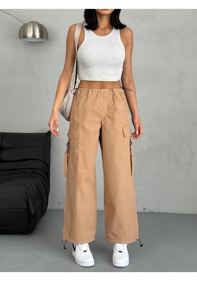 Paraşüt Kumaş Kargo Cepli Pantolon Kahverengi+camel