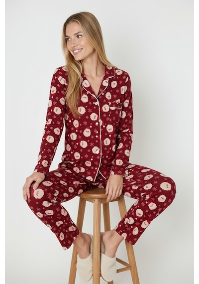 Luxury Soft Bordo Yılbaşı Desenli Uzun Kollu Kadın Pijama Takımı 3026 Kırmızı