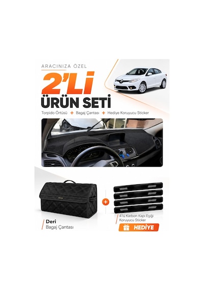 E-biz Renault Fluence Büyük Ekranlı 2009-2016 Uyumlu Torpido Örtüsü + Deri Çanta - Siyah - Re023