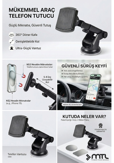 Güçlü Manyetik Teleskopik Kol Araç İçi Telefon Tutucu Çift Kilitli Ve Dayanıklı Vantuz 360 Mt6040