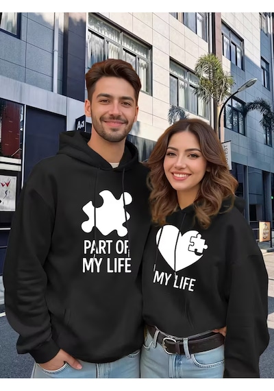 Nevermind Sevgili Çift Kombini 2 Li Yapboz Parça Desenli Unisex Sweatshirt Siyah