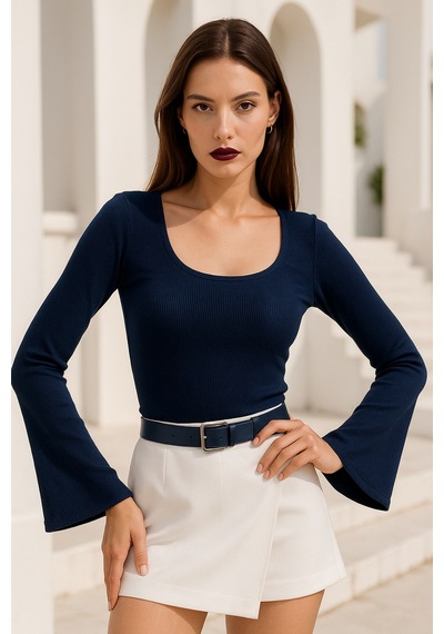 Rich Kadın Lacivert Soft Touch Fitilli Çan Kollu Bluz Lacivert