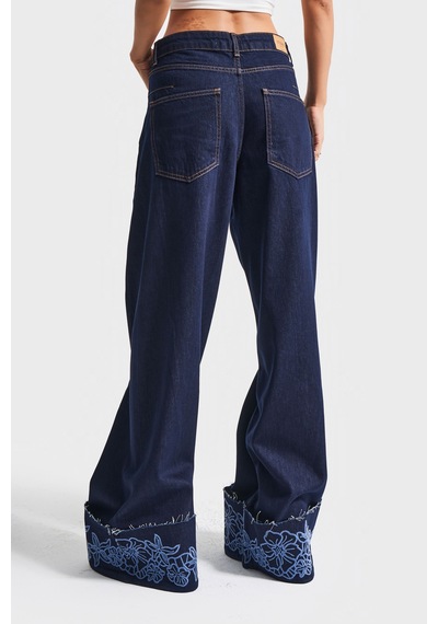 Itsbasic Kadın İndigo Mavi Renk 7w5-50 Palazzo Fit Viskon Kumaş Çiçek Nakışlı Özel Tasarım Denim Jean