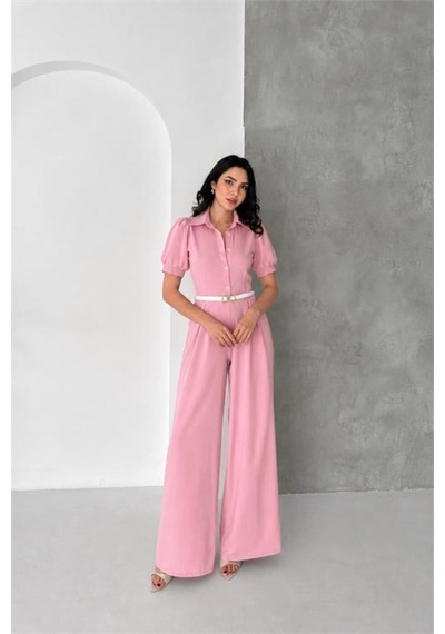 Neşeli Butik Kadın Pembe Gömlek Yaka Kemerli Geniş Paça Tulum Nbk4197