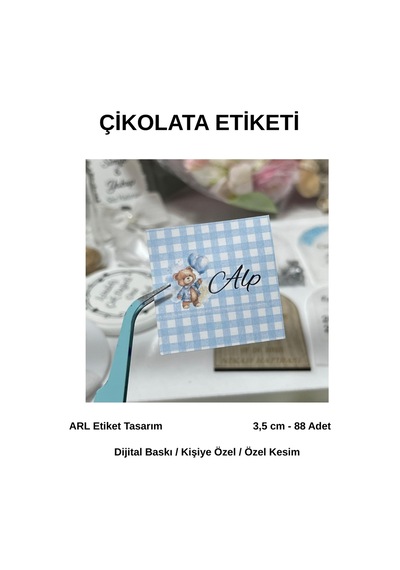Yenidoğan Ayıcıklı Mavi Kot Desen Çikolata Etiketi 3,5x3,5 Cm 88 Adet -arl Etiket Tasarım Beyaz