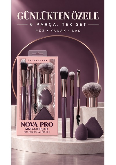 Nova Pro Face + Cheek 6 Parça Profesyonel Makyaj Fırçası Ve Sünger Seti Lila