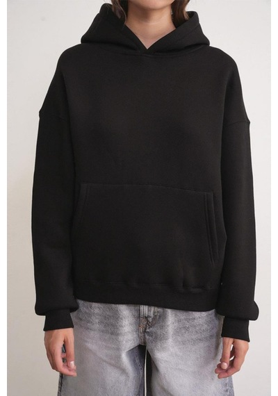 Mixray 2022 Unisex 3iplik Basic Polarlı Kapüşonlu Sweatshirt Hoodie Siyah