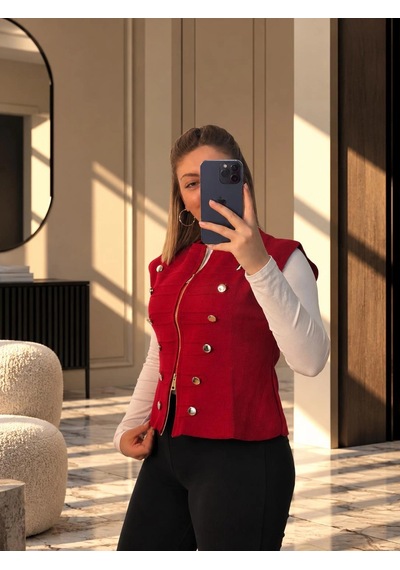 Elora Atelier Pankou Çin Düğme Detaylı Kırmızı Triko Yelek Kırmzı