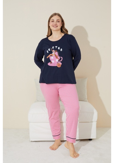 Siyah İnci Pamuklu Curve Büyük Beden Battal Boy Örme Pijama Takım 24240663 Lacivert