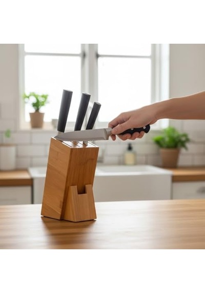 Bambu Ahşap Bıçak Standı 220 Mm Eğik Tasarım, Kaymaz Tabanlı, Çoklu Bıçak Yuvalı, Modern Ve Doğal Mutfak Düzenleyici 6999