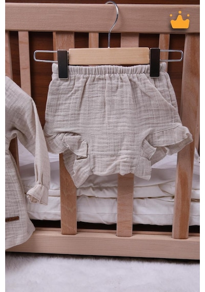 Babyhola Kız Bebek Çocuk Yazlık Elbise Müslin Önlüklü Şortlu Takım 22410 Bej