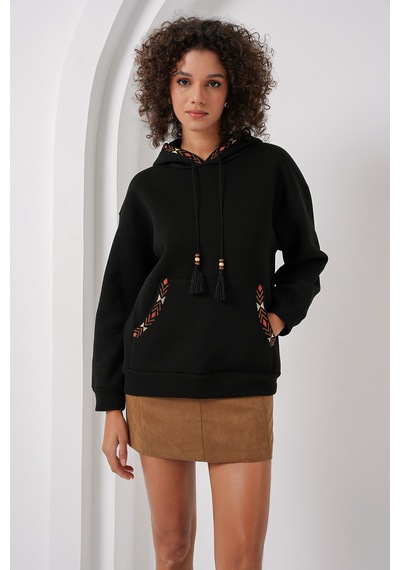 Bigdart 55443 Nakışlı Oversize Sweatshirt - Siyah