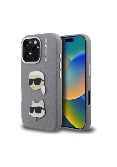 Apple iPhone 16 Pro Max Uyumlu Kılıf Karl Lagerfeld Lisanslı K&c Heads Pin Kapak Gri